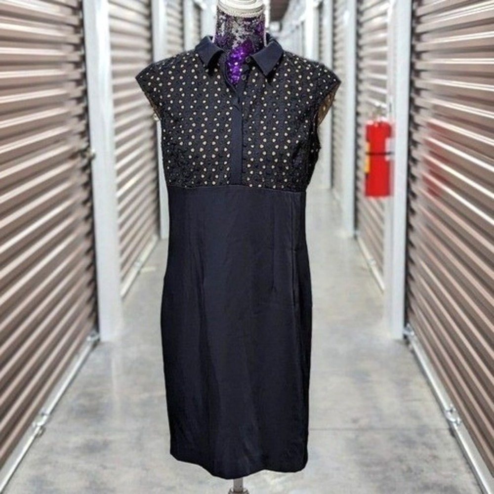 Ann Taylor‎ Quiet Luxury Blue Eyelet Lacy Sheath Dress Minimalist Office Petites